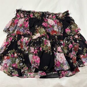 LoveShackFancy Black and Pink Floral Mini Skirt